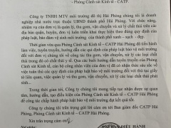Công ty TNHH MTV Môi trường đô thị Hải Phòng gửi thư cảm ơn Phòng Cảnh sát Kinh tế - CATP. Hải Phòng