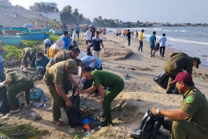 Mũi Né huy động lực lượng, phương tiện xử lý rác dạt vào bờ biển