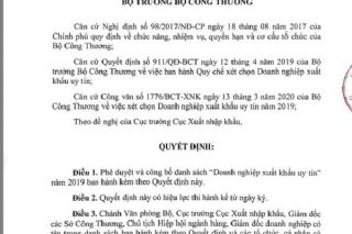 Danh sách “Doanh nghiệp xuất khẩu uy tín” năm 2019