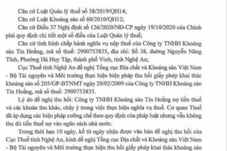 Công ty Tín Hoằng bị Cục Thuế Nghệ An đề nghị thu hồi giấy phép khai thác khoảng sản