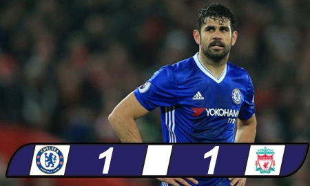 Vòng 23 Premier League: Diego Costa đá hỏng 11m, Chelsea bị Liverpool cầm chân