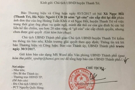 Người CCB 20 gõ cửa các cấp đòi đất ( Ngọc Hồi, Thanh Trì, HN): UBND TP. Hà Nội chỉ đạo làm rõ