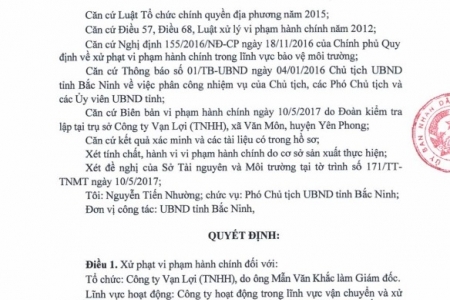 Bắc Ninh: Vi phạm môi trường, Công ty Vạn Lợi bị phạt hơn 700 triệu đồng