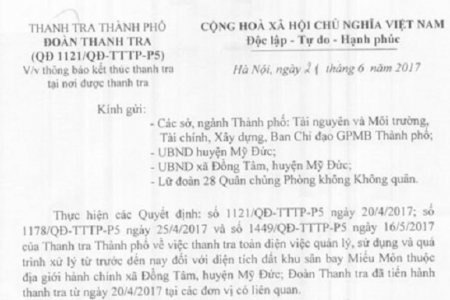 Hà Nội: Thông báo kết thúc thanh tra tại Đồng Tâm