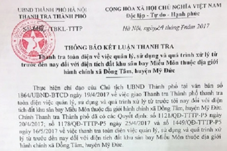 Thông báo kết luận việc quản lý, sử dụng diện tích đất khu sân bay Miếu Môn