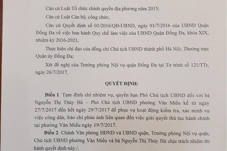 Hà Nội: Tạm đình chỉ nhiệm vụ Phó chủ tịch UBND phường Văn Miếu