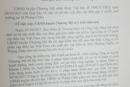 Chương Mỹ (Hà Nội): Đóng cửa xưởng sản xuất dây cáp điện của Cty CP Cáp điện lực Việt Nam