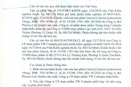 Cục Quản lý Dược, Bộ Y tế ra công văn thu hồi 1 loại thuốc chống dị ứng kém chất lượng