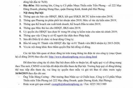 Nhựa Tiền Phong mời họp Đại hội cổ đông thường niên 2019