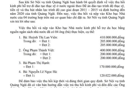 Quảng Ngãi: Đi du học không về, con 4 quan chức mới chỉ trả lại 1,1 tỉ đồng