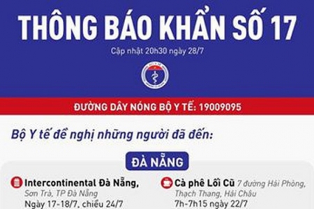 Bộ Y tế ra thông báo khẩn tìm người từng đến 20 địa điểm ở Đà Nẵng và Quảng Nam