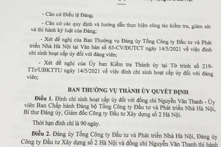 Hà Nội: Đình chỉ sinh hoạt Đảng đối với ông Nguyễn Văn Thanh