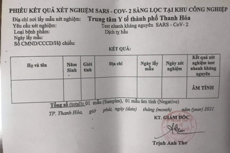 Trung tâm Y tể TP. Thanh Hóa: Phát phiếu xét nghiệm âm tính SARS-CoV- 2 bỏ “trắng” nội dung