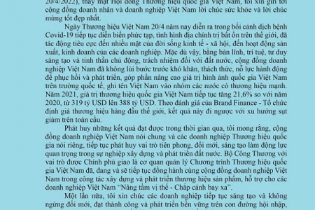 Thư chúc mừng của Bộ trưởng Bộ Công Thương nhân Ngày Thương hiệu Việt Nam 20/4