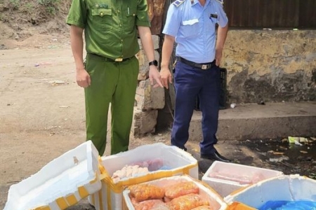Thu giữ 2 tạ thực phẩm không nguồn gốc chuẩn bị được đưa vào nhà hàng