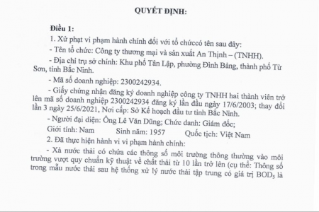 Bắc Ninh: Vi phạm môi trường, doanh nghiệp sản xuất bia bị phạt 192 triệu đồng