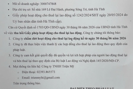 Thông báo về việc chấm dứt hoạt động cho thuê lại lao động