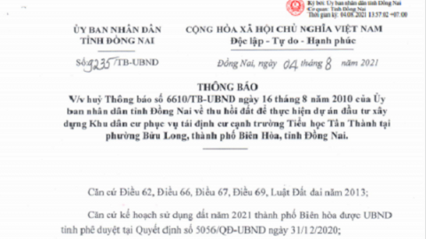 Đồng Nai: Hủy bỏ quyết định thu hồi đất dự án khu dân cư ở thành phố Biên Hòa hơn 10 năm chưa triển khai