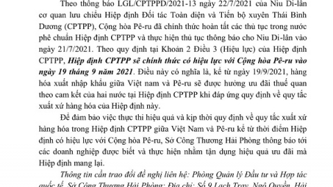 Hải Phòng: Sở Công thương thông báo hiệu lực thực thi hiệp định CPTPP của Pê-ru