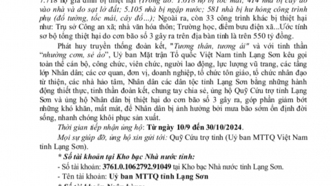 Ủy ban MTTQ Việt Nam tỉnh Lạng Sơn kêu gọi ủng hộ nhân dân bị thiệt hại do bão số 3