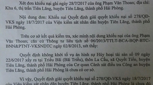 VKSND TP. Hải Phòng: Hủy kết luận của VKSND huyện Tiên Lãng với ông Phạm Văn Thoan