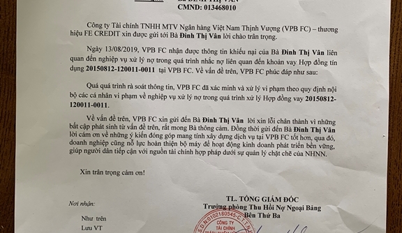 Công ty tài chính Fecredit xin lỗi khách hàng!