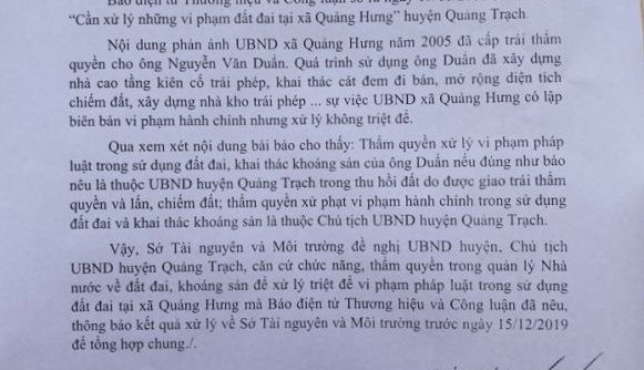Tiếp bài “Cần xử lý những vi phạm đất đai tại xã Quảng Hưng: Sở TN&MT đề nghị huyện Quảng Trạch xử lý triệt để