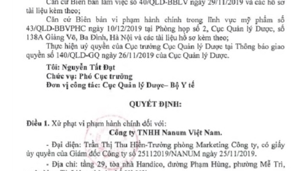 Công ty TNHH Nanum Việt Nam sai về nhãn hàng hóa, bị xử phạt 45 triệu đồng