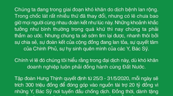 Tập đoàn Hưng Thịnh tài trợ 20 tỷ đồng cho Y, Bác sỹ nơi tuyến đầu chống dịch và dành tặng khách hàng 100 tỷ đồng