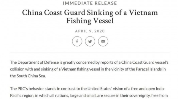 Bộ Quốc phòng Mỹ lên án Trung Quốc đâm chìm tàu cá Việt Nam trên Biển Đông