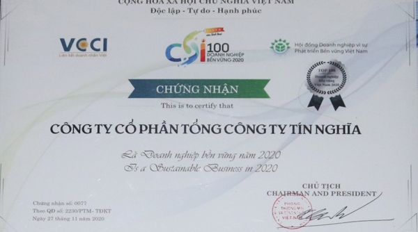 Tổng công ty Tín Nghĩa lọt Top 100 Doanh nghiệp bền vững 2020