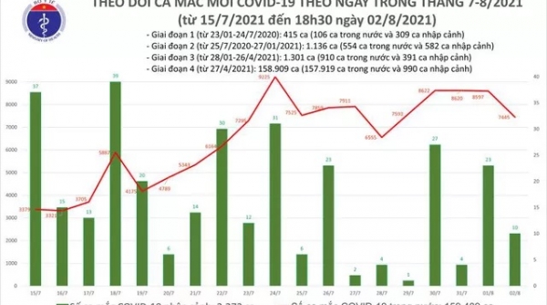 Tối 2/8: Thêm 4.254 người mắc COVID-19, nâng số ca mắc trong ngày lên 7.455