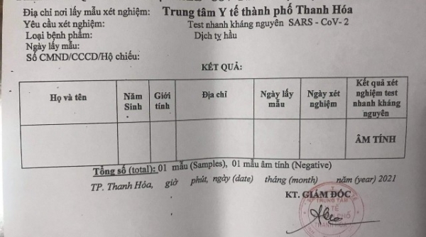 Thanh Hóa: Phát hàng nghìn phiếu xét nghiệm âm tính SARS-CoV- 2 để “trắng” nội dung