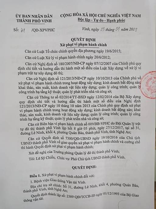 Bệnh viện GTVT Vinh: Bị phạt hơn 17 triệu đồng vì xây dựng không phép - Hình 1