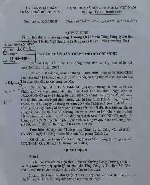 QĐ 2541/QĐ-UBND về việc thu hồi đất khu nông trường dừa do Tổng công ty Du lịch Sài Gòn TNHH Một thành viên quản lý.