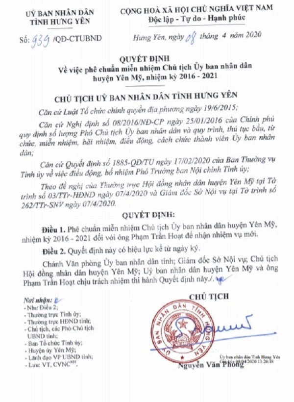 Quyết định miễn nhiệm chức danh Chủ tịch UBND huyện Yên Mỹ đối với ông Phạm Trần Hoạt để ông này làm Phó Trưởng Ban Nội chính Tỉnh ủy Hưng Yên