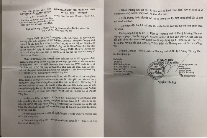 Công văn trước đó vào ngày 14/2/2020 do Phó GĐ Sở TN-MT ký thì lại hoàn toàn khác biệt.