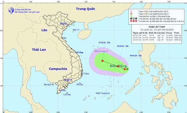 Hướng di chuyển của vùng áp thấp.