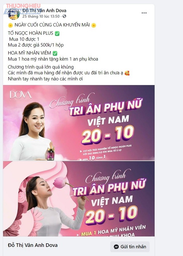 Ngày 24/10/2020, trên trang facebook Đỗ Thị Vân Anh Dova với hình ảnh của “bà chủ” Đỗ Thị Vân Anh, vẫn tiếp tục quảng cáo bán sản phẩm Hoa Mỹ nhân