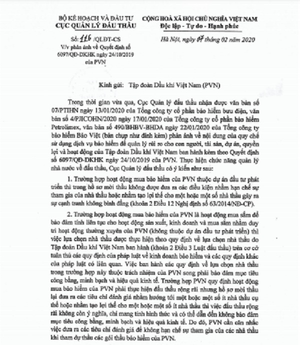 Văn bản của Cục Quản lý đấu thầu về những phản ánh liên quan đến Quyết định 6097/QĐ-DKHK có dấu hiệu “hạn chế nhà thầu” của PVN