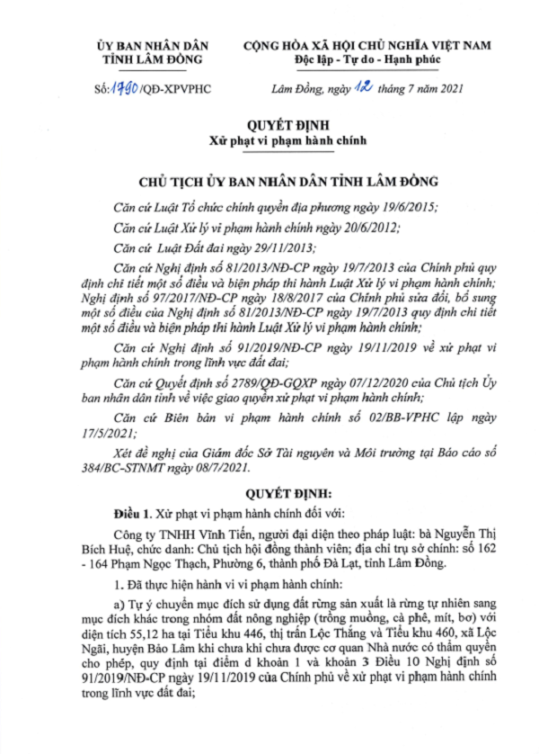 Một phần Quyết định số 1790/QĐ-XPVPHC xử phạt Công ty TNHH Vĩnh Tiến