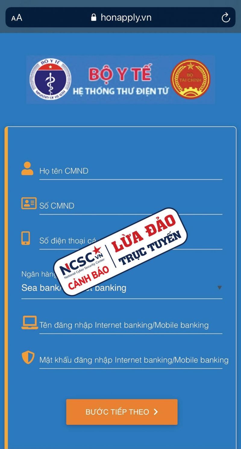 NCSC cảnh báo một số đối tượng giả mạo trang web của Bộ Y tế nhằm mục đích lừa đảo