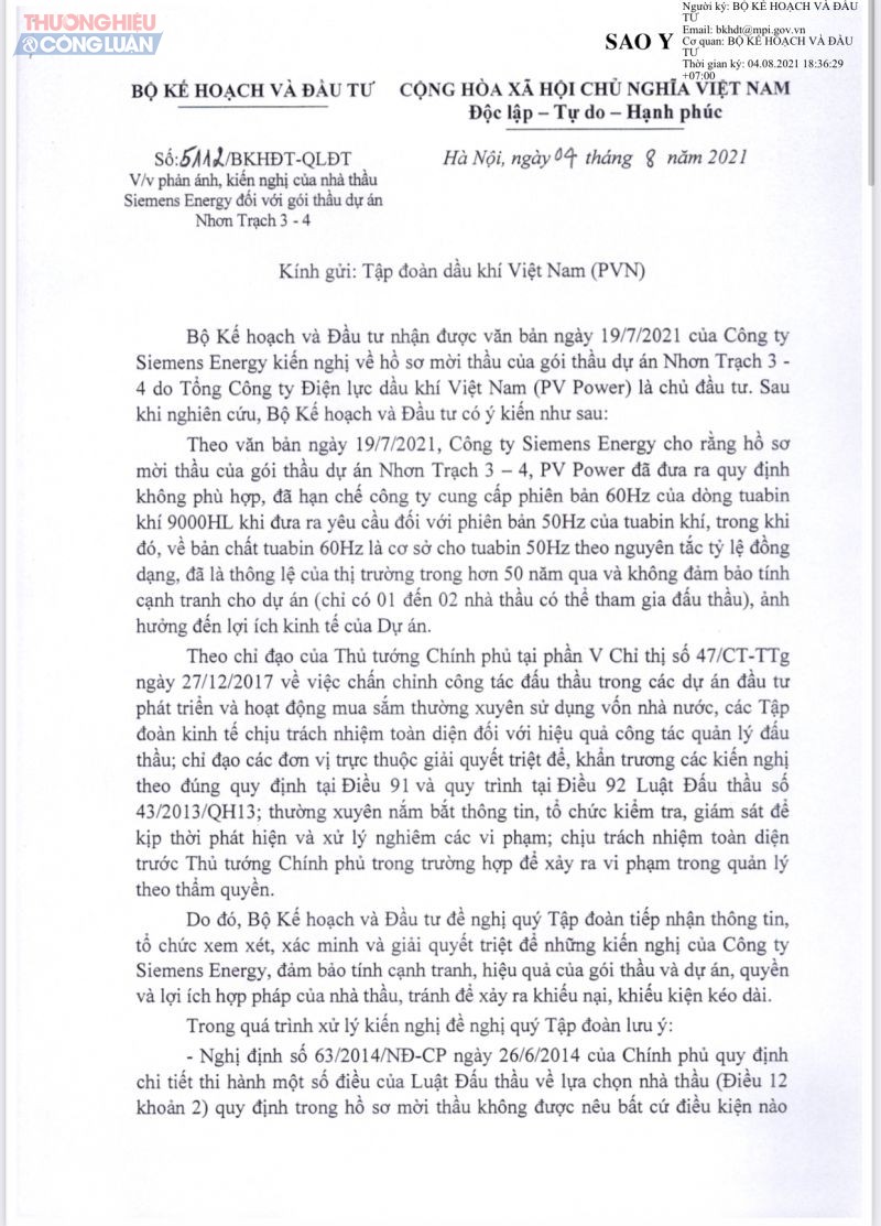 Văn bản Bộ Kế hoạch Đầu tư đề nghị PVN xác minh khiếu nại đối với gói thầu dự án Nhơn Trạch 3-4