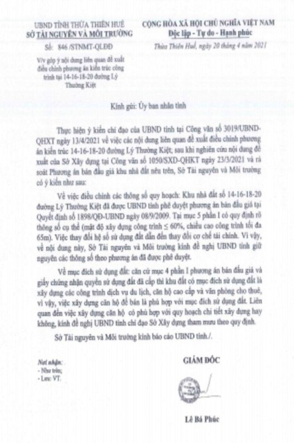 Sở TNMT có công văn xác định Công trình phù hợp với mục đích sử dụng đất, đúng phương án đấu giá