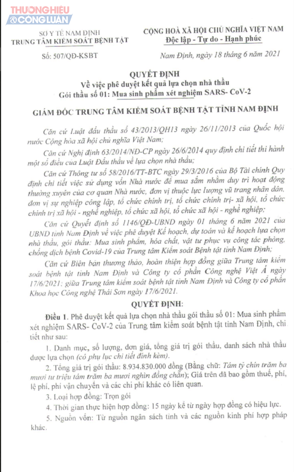 Quyết định phê duyệt kết quả lựa chọn nhà thầu Gói thầu số 01: Mua sinh phẩm xét nghiệm SARS - CoV - 2 và danh sách đơn vị trúng thầu, hàng hóa kèm theo do ông Đỗ Đức Lưu - Giám đốc CDC Nam Định ký