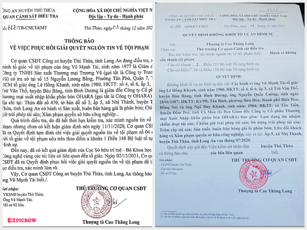 Thông báo phục hồi điều tra và không khởi tố vụ án của Cơ quan CSĐT Công an huyện Thủ Thừa đều được ký trong 01 tháng 12