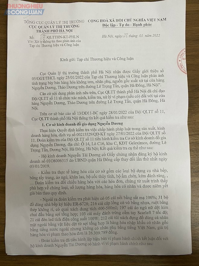 Công văn của Cục Quản lý thị trường Hà Nội gửi Tạp chí Thương hiệu & Công luận