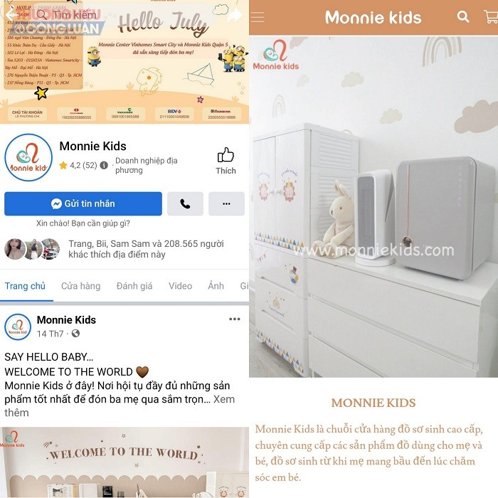 Hệ thống Monnie Kids quảng cáo rầm rộ trên nền tảng mạng xã hội Facebook và website //monniekids.com/ (Ảnh: Tuấn Quang)