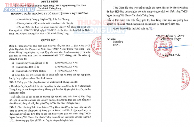 CTCP Đạt Phương vay vốn, bảo lãnh Ngân hàng Vietcombank – CN Thăng Long với mức giới hạn tín dụng là 300 tỷ đồng.