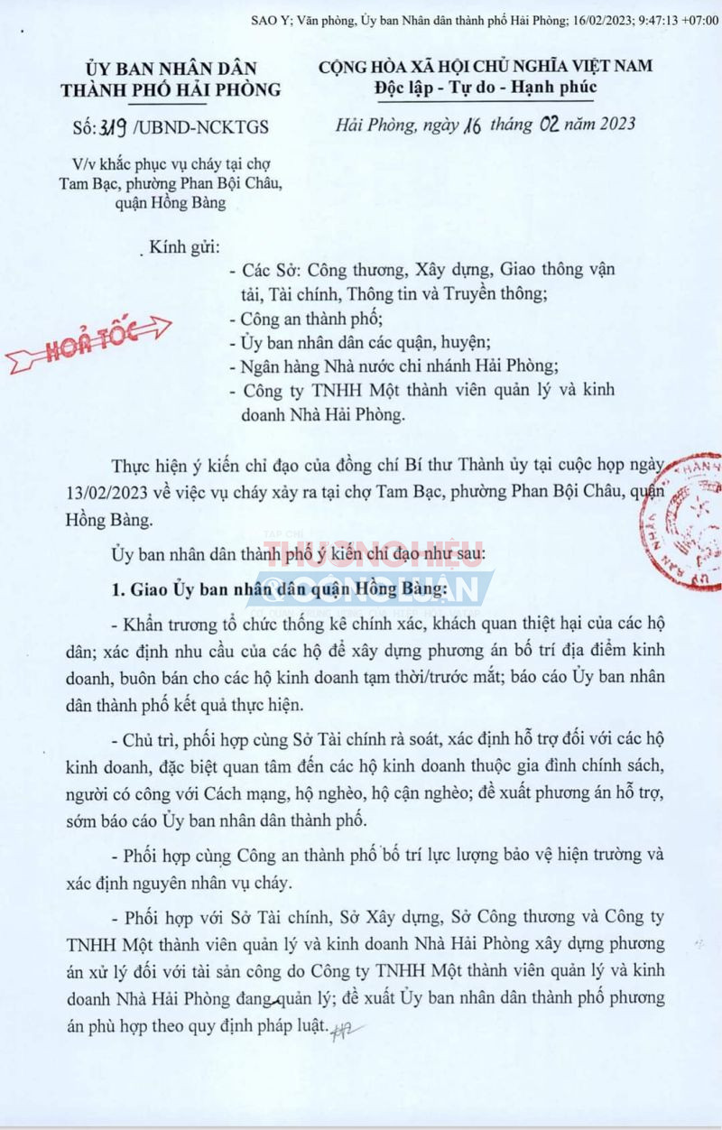 Văn bản chỉ đạo số 319/UBND-NCKTGS của UBND TP. Hải Phòng về việc khắc phục hậu quả cháy chợ Tam Bạc Hải Phòng